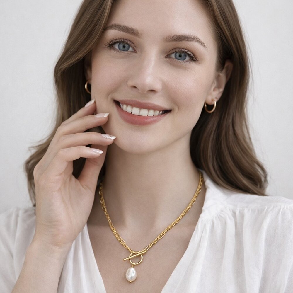 18K Gold Plated Steel Pearl Toggle Necklace Minimalist Water Resistant Gift - Picture 8 of 16